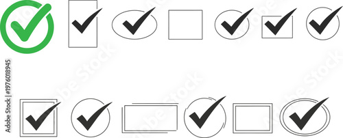 Collection of check mark icons in various styles and frames representing completion and validation