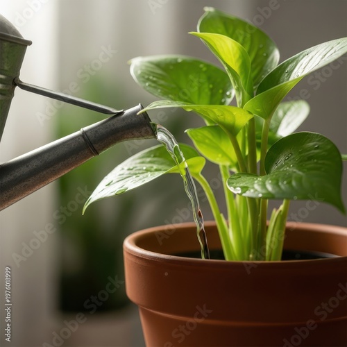 Watering a Healthy Green Houseplant in a Terracotta Pot with a Watering Can