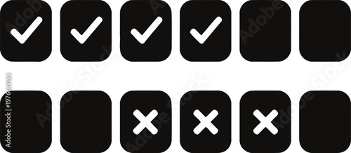 Black rectangular icons depicting checkmarks and x marks a visual representation of completion and rejection