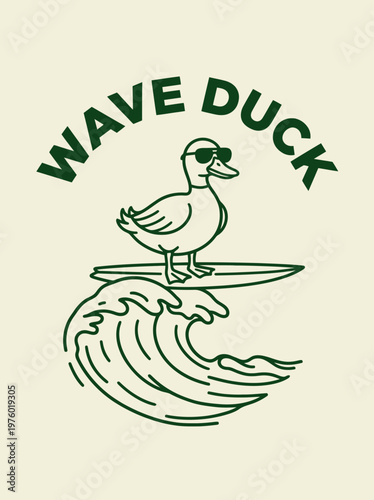 Duck Wearing Sunglasses on Surfboard.