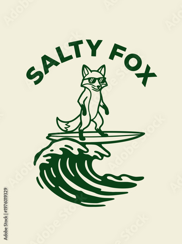 Fox on a surfboard riding wave.