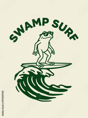 Frog on surfboard riding wave.