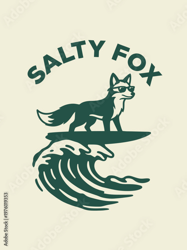 Fox on surfboard riding wave.
