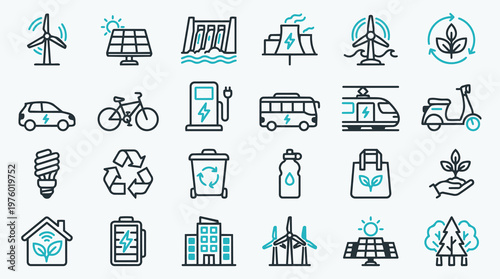 Green Energy and Sustainable Infrastructure Line Icon Collection