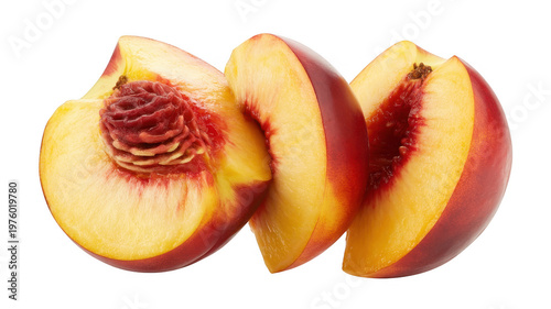 Three slices of fresh ripe nectarine fruit with visible pit on a transparent background isolated on a transparent background