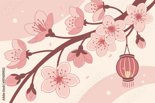 A delicate vector illustration of cherry blossoms and a lantern in soft pink hues