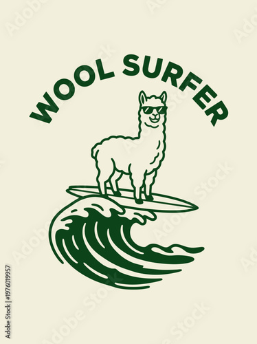 Llama standing on surfboard wearing sunglasses.