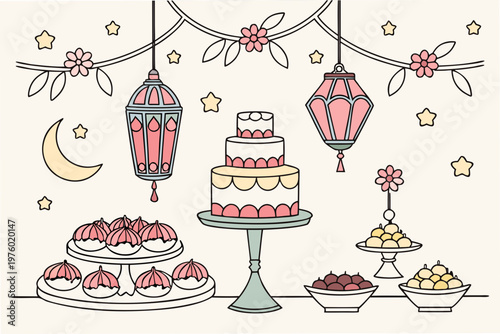 A colorful illustration of a festive dessert table with cakes, lanterns, and sweets for a special occasion