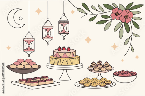 A festive illustration of desserts and sweets with hanging lanterns and flowers for a special occasion