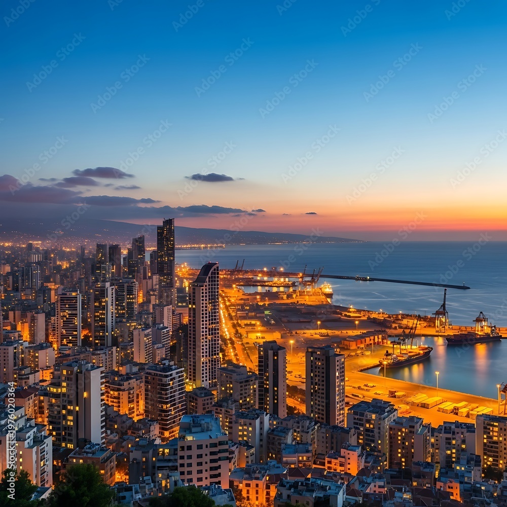 Fototapeta premium Beirut Cityscape at Dusk - A Stunning Coastal View.