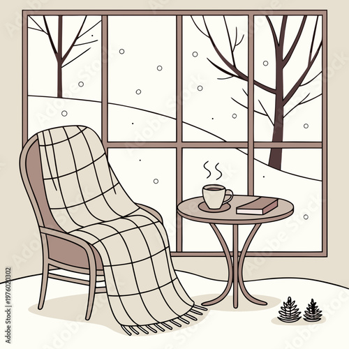 A cozy winter scene with a chair, table, and cup of coffee by a large window