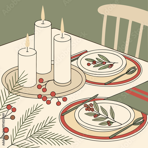 A festive holiday table setting with candles and plates