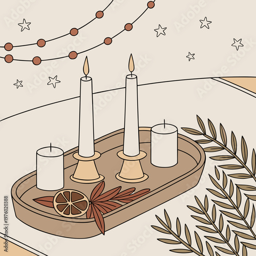 A minimalist vector illustration of a candelabra with lit candles and decorative leaves on a table