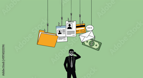 Phishing and cybercrime concept with a hacker fishing for sensitive data like folders and credit cards using hooks on a green background.