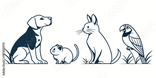 Domestic pet line art icons: dog hamster rabbit parrot in grass with domestic animals animal lover pet care ornamental bird pet owner animal kingdom pet therapy