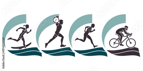 Triathlon stages icons with wave and arch elements: swimming running cycling water sports track and field road cycling triathlon silhouettes swimming athletes endurance