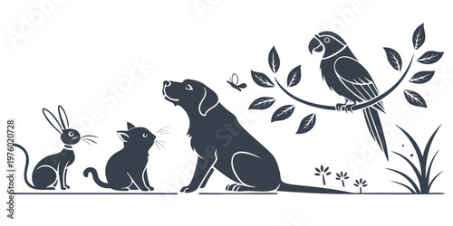 Pet silhouette collection: dog cat rabbit parrot on branch with domestic animals animal lover pet care ornamental bird pet owner animal kingdom pet therapy companion ani