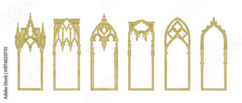 Gothic window frame set, hand drawn medieval cathedral doorway border, vintage church entrance art. Decorative castle portal, ancient architecture exterior design elements. Mystic gothic window print
