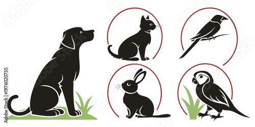 Collection of black pet animal silhouettes: dog cat rabbit parrot with grass pet shop silhouette illustration isolated domestic collection companion friendship