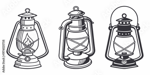 Three vintage kerosene lanterns in a row outline style oil lamp white background shabby chic home decor kerosene lighting illustration collection isolated decoration
