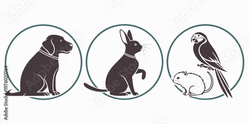 Set of pet animal icons in circles: dog rabbit hamster with parrot pet shop illustration isolated silhouette domestic collection companion friendship veterinary