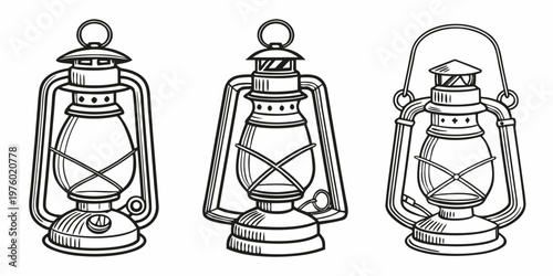 Set of three vintage kerosene lanterns line art illustration oil lamp light source white background kerosene lighting illustration portable outdoors equipment