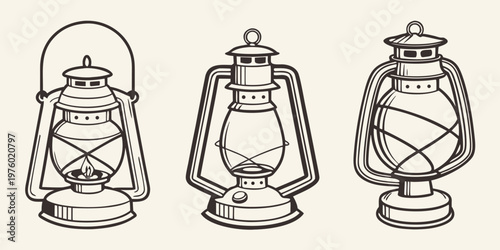 Three classic kerosene lamps one lit line art illustration with kerosene lamp oil lamp light source white background lighting illustration portable outdoors equipment