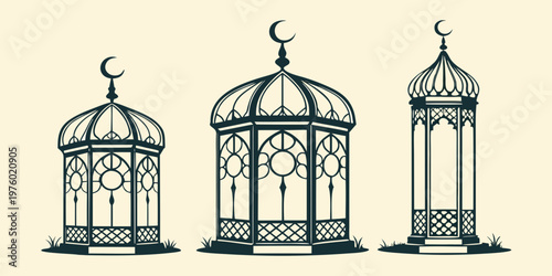 Three islamic geometric gazebos with crescent moons on top crescent moon middle east architecture geometric building traditional religion illustration silhouette