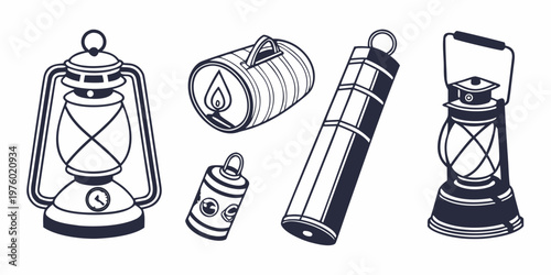 Camping gear assortment: oil lantern gas canister water bottle lantern with line art kerosene lamp white background black and white emergency kit equipment survival