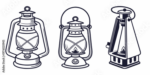 Collection of three vintage oil lanterns line art illustration oil lantern camp lantern kerosene lamp old fashioned portable light home decor interior design lighting