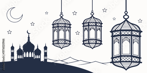 Islamic ramadan scene with crescent moon stars mosque silhouette arabic lanterns night sky holy month ramadan kareem ramadan mubarak silhouette religion tradition