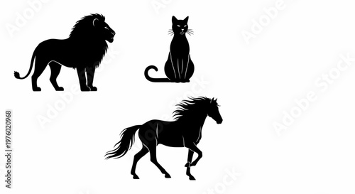 Three animal silhouettes - a majestic lion, an elegant cat, and a powerful horse, all in black against a white background.