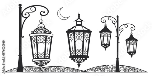 Street scene with ornate arabic lanterns hanging from lampposts and a crescent moon hanging lights middle east lanterns lampposts decoration celebration traditional