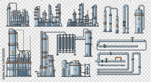 Detailed Illustrations of Industrial Chemical Plant Equipment and Structures.