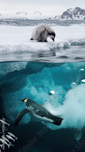 A penguin gracefully dives beneath the ice, chasing shimmering fish in the cold Antarctic waters