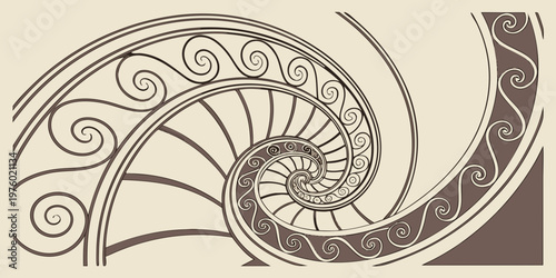 Intricate spiral staircase or nautilus shell pattern in sepia tones with sacred geometry staircase nautilus geometric abstract decorative illustration symmetry artistic