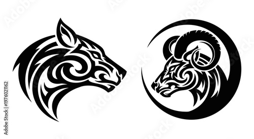 Tribal style tattoo designs featuring a wolf and a ram head.