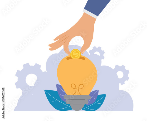 giant hand placing coin in lightbulb, people celebrating investment, teamwork, finance