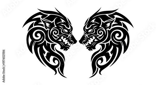 Tribal Wolf Head Tattoo Design Facing Each Other.