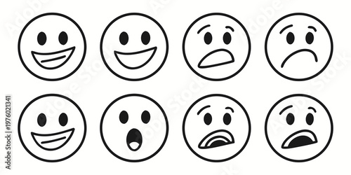 Set of eight hand-drawn black and white emoji faces showing various emotions like happiness surprise sadness with line art emotions expressions collection illustration