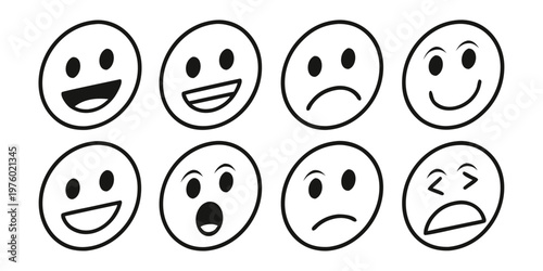 Collection of eight simple hand-drawn smiley and sad faces expressing different emotions and feelings line art emotions expressions collection illustration surprised