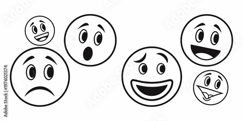 Assortment of diverse black and white cartoon emoji faces depicting a range of emotions like joy shock sadness with line art emotions expressions collection illustration
