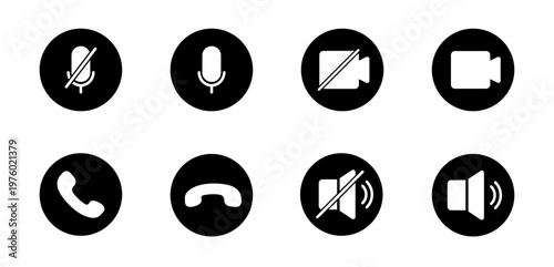 Communication icon set represents mobile video call for audio and video calls, including mute microphone, unmute microphone, mute camera, unmute camera, phone call, hang up, mute speaker, and unmute