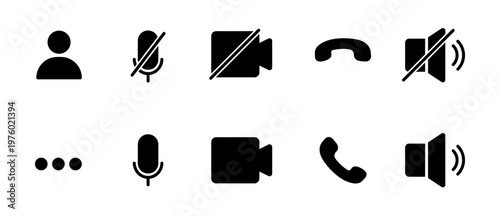 Solid black mobile video call icons representing user, microphone, camera, phone, and speaker, with both muted and active states, for UI/UX design on a transparent background.
