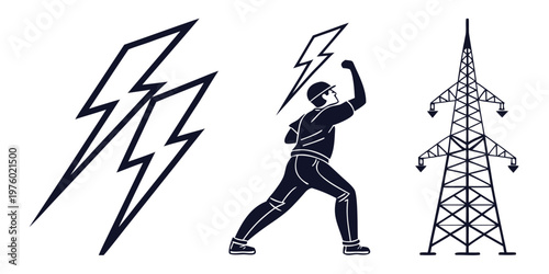 Man raising fist with lightning bolt near power tower high voltage transmission tower power line electricity strength industrial infrastructure illustration silhouette