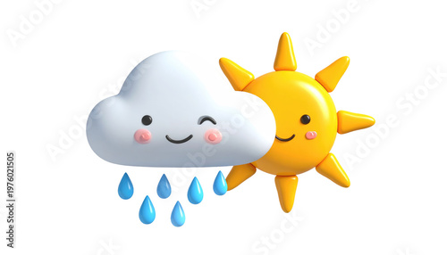 Cheerful, 3D render with a smiling cloud, raining, and a smiling sun together on a black background