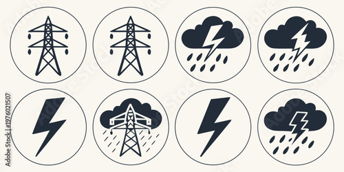 Collection of electricity and weather icons with power tower transmission tower collection electricity lightning illustration minimalist iconography electric alertness