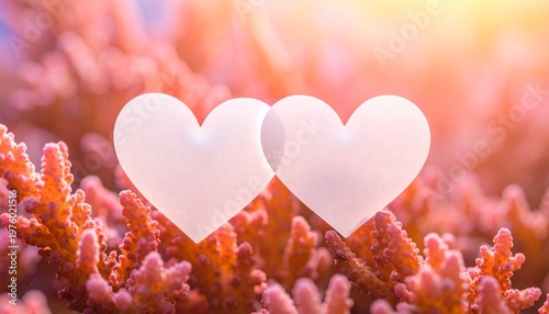 Wallpaper Mural Two White Heart Shapes on Pink Coral Flowers Romantic Dreamy Love Symbolic Visuals Torontodigital.ca