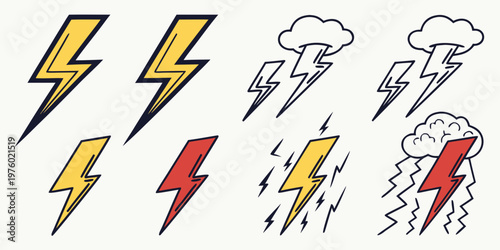 Colorful lightning bolts and storm clouds graphic elements with colorful elements electricity illustration electric alertness energetic powerful strength thunderstorm