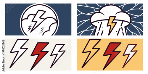 Abstract and illustrative compositions featuring lightning bolts and stormy clouds in circular and rectangular formats weather icon storm icon cloud icon energy icon